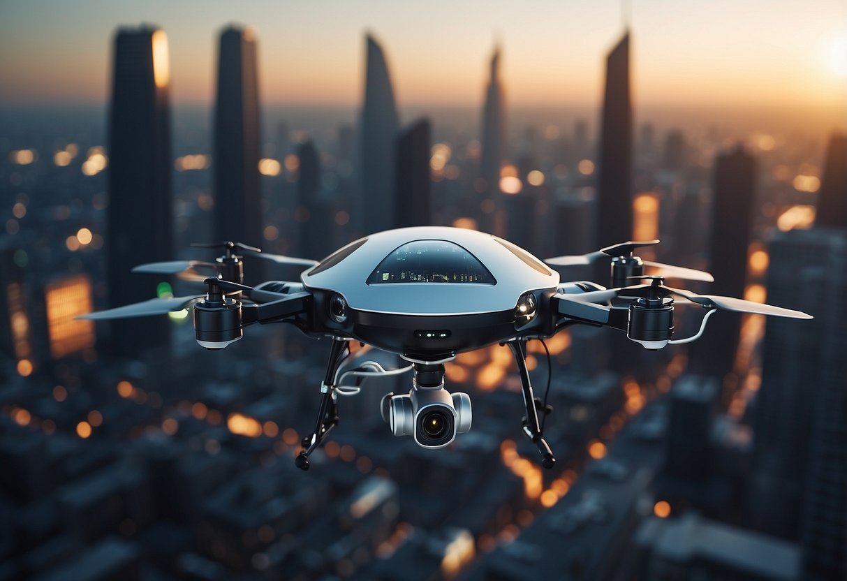 A futuristic cityscape with advanced security systems, surveillance drones, and high-tech infrastructure, all overseen by SID for national security