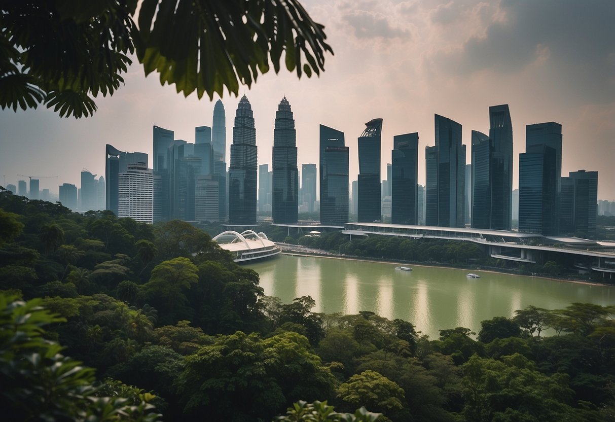The air in Singapore is thick with humidity, causing a shimmering haze over the cityscape. Buildings and trees glisten with moisture, while people seek relief indoors