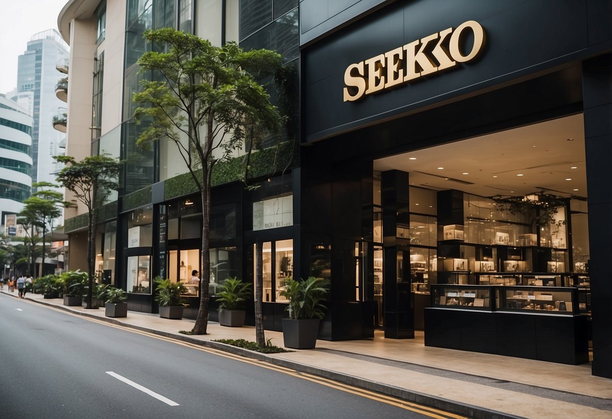 A bustling Singapore street lined with luxury watch shops, featuring the iconic Seiko logo on prominent displays