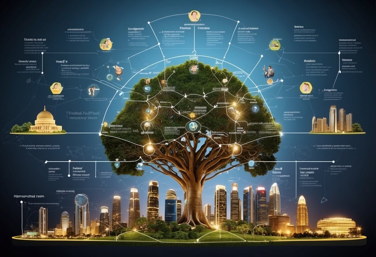 A diagram showing the hierarchical structure of SID Singapore, with various departments and career paths branching out from the central leadership team