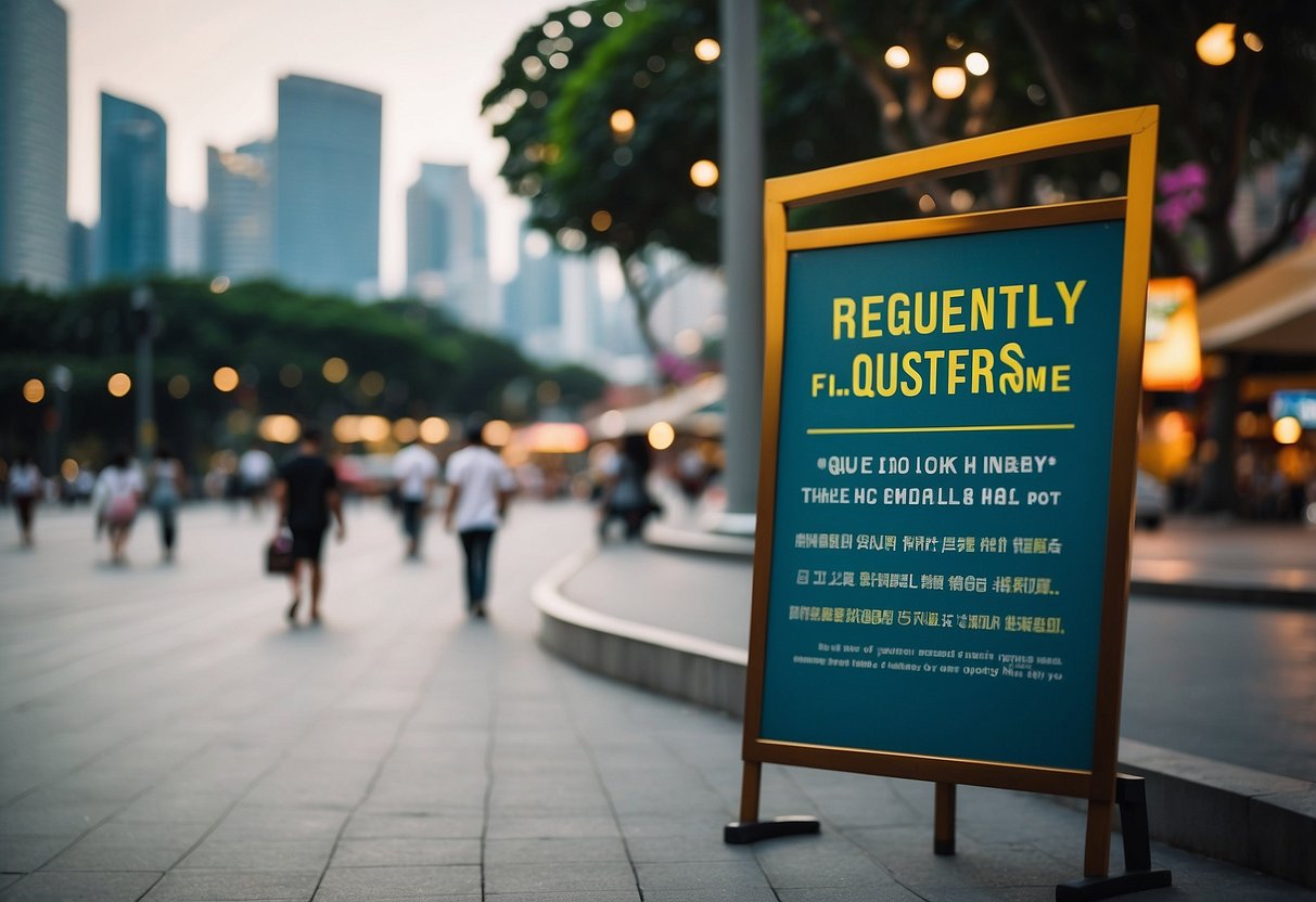 A colorful sign with "Frequently Asked Questions" in bold letters, set against a backdrop of iconic Singapore landmarks