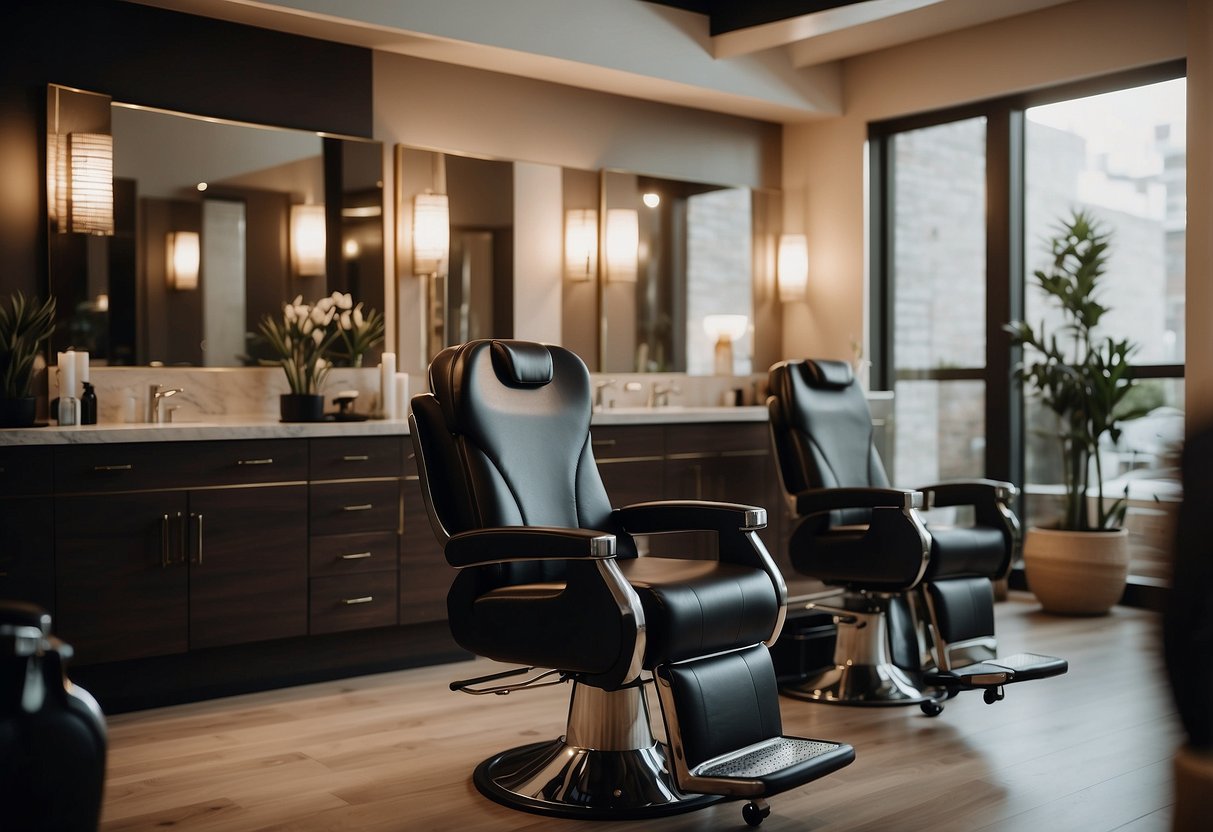 A serene salon setting with a client receiving a scalp treatment from a professional. A variety of scalp treatment products and tools are neatly arranged on a nearby table