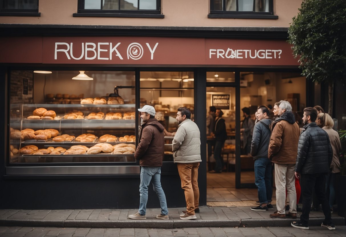 A bustling bakery with a prominent "Frequently Asked Questions" sign in the foreground, customers lining up for Rotiboy in the background