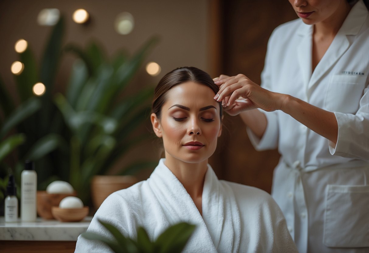 A woman applies scalp treatment in a serene spa setting