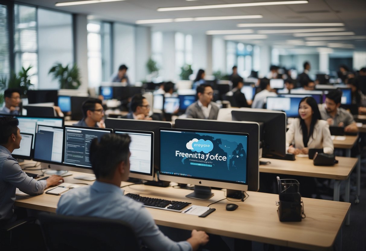 A bustling office with people at desks, signage for "Frequently Asked Questions," and a prominent Salesforce logo in Singapore