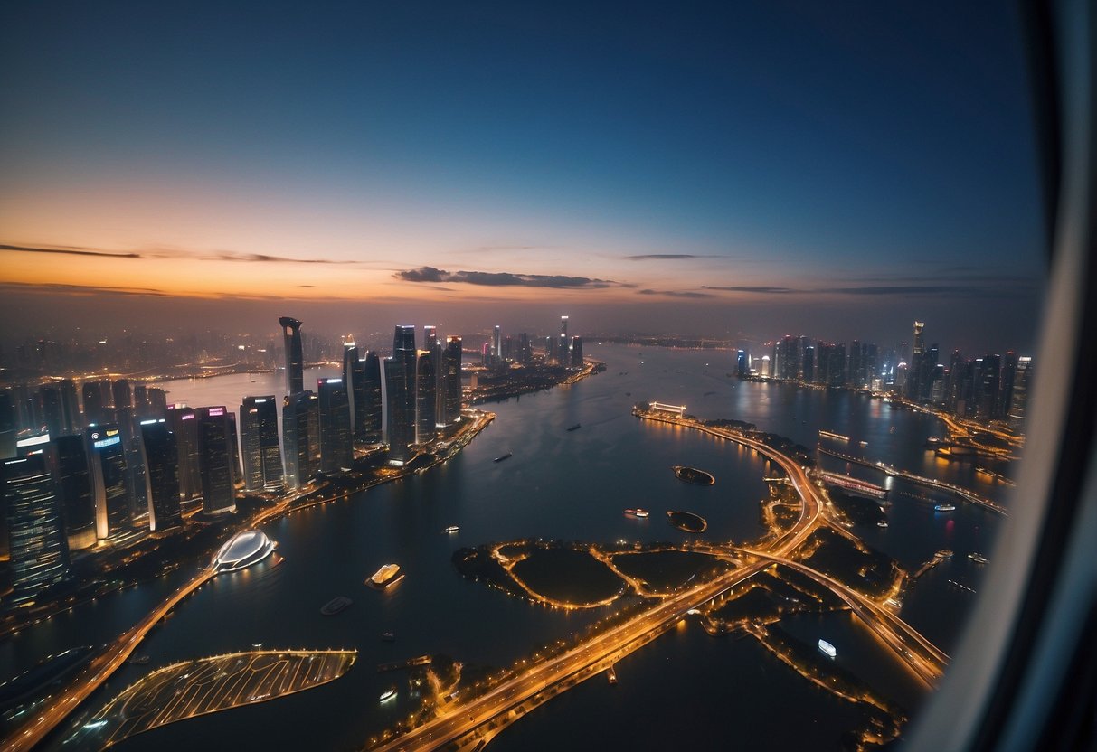 A plane flying over the cityscape from Singapore to Bangkok