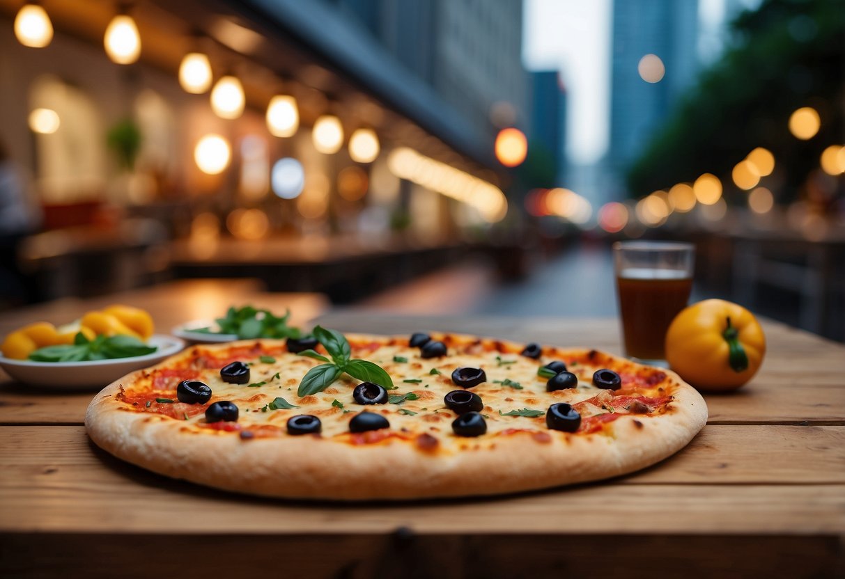 A rustic wooden table with a freshly baked sourdough pizza, topped with vibrant ingredients, set against the backdrop of the bustling streets of Singapore