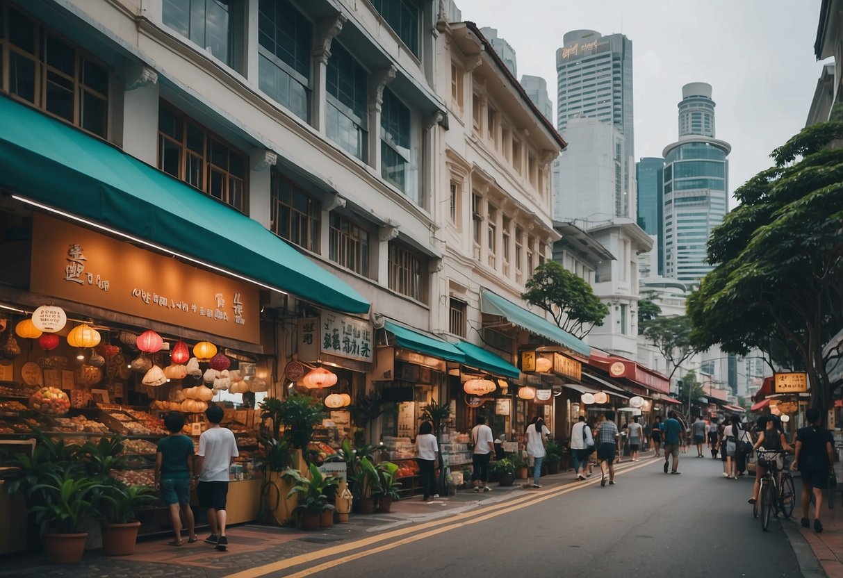 A bustling street in Singapore, with colorful storefronts and bustling activity, surrounded by iconic landmarks and a vibrant atmosphere
