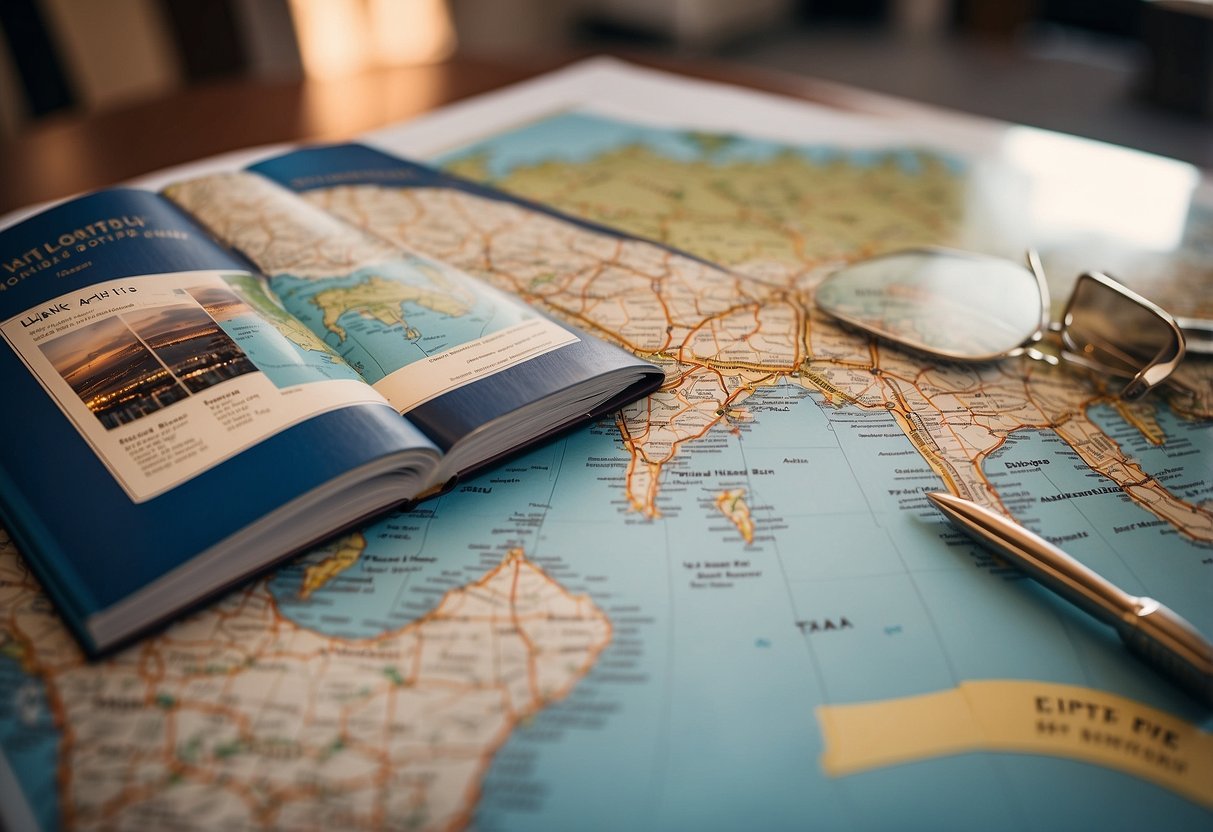 A map of Singapore and Bangkok with flight paths marked, surrounded by travel guides and a passport