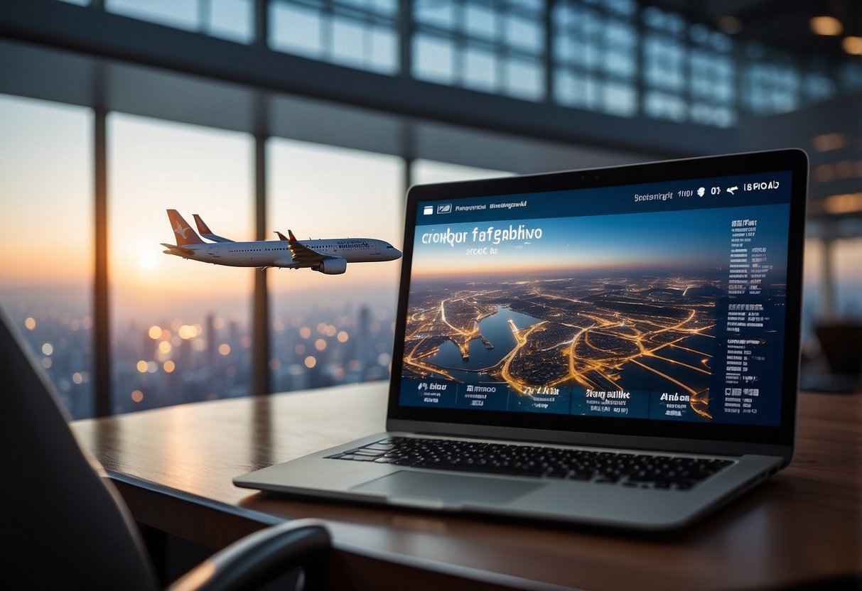 Passengers searching online for cheap flights from Singapore to Bangkok. Computer screen with travel website, airplane icon, and price comparison charts