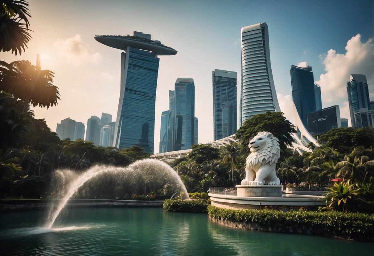 A bustling cityscape with iconic landmarks like the Marina Bay Sands, Gardens by the Bay, and the Merlion statue, surrounded by vibrant skyscrapers and lush greenery