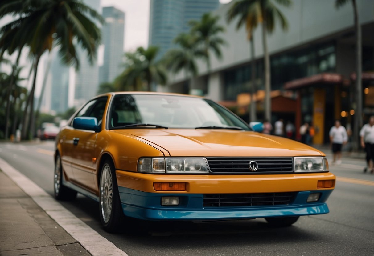 A colorful Tada car pulls up to a bustling Singapore street, with skyscrapers in the background and palm trees swaying in the wind