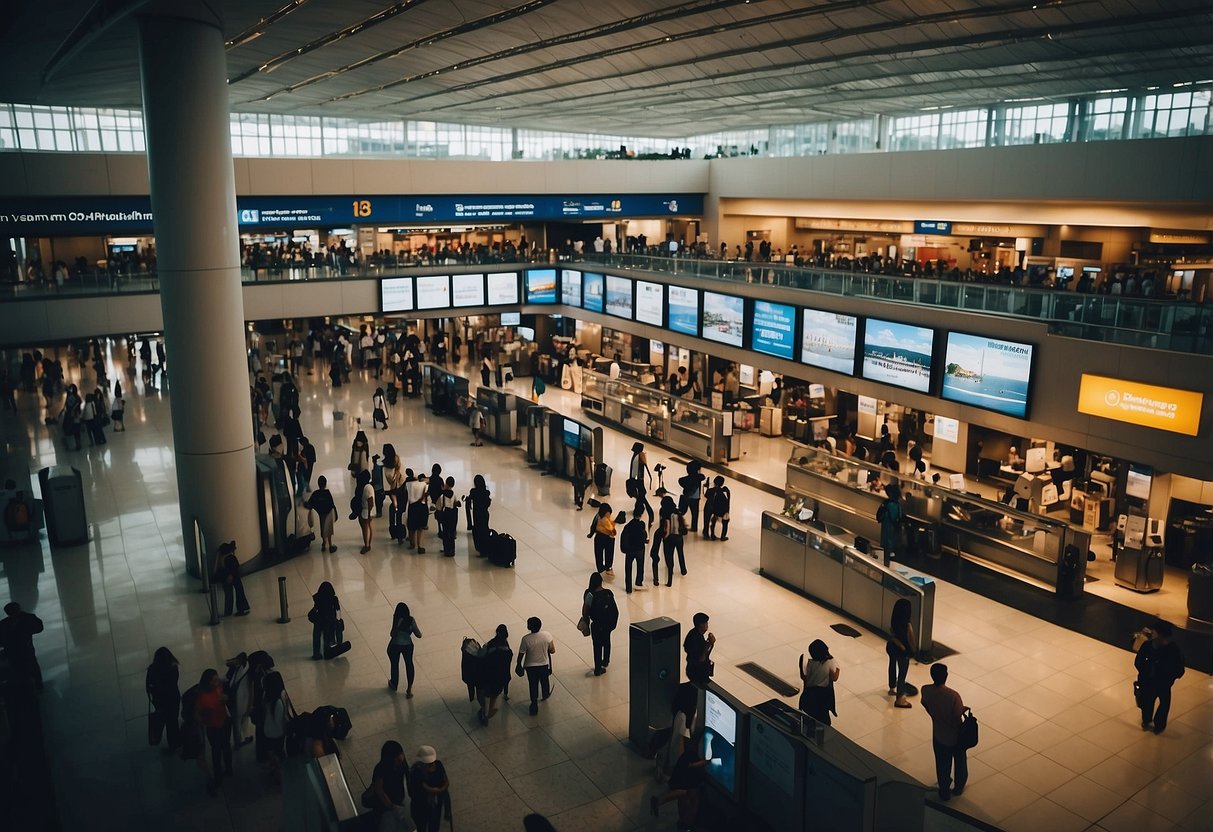A busy airport terminal with people waiting in line at a customer service desk, while others are browsing through brochures and signs for information on travel from Singapore to Bangkok