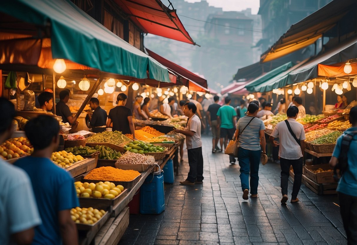A bustling street market with colorful food stalls and tantalizing aromas, surrounded by eager food enthusiasts sampling local delicacies