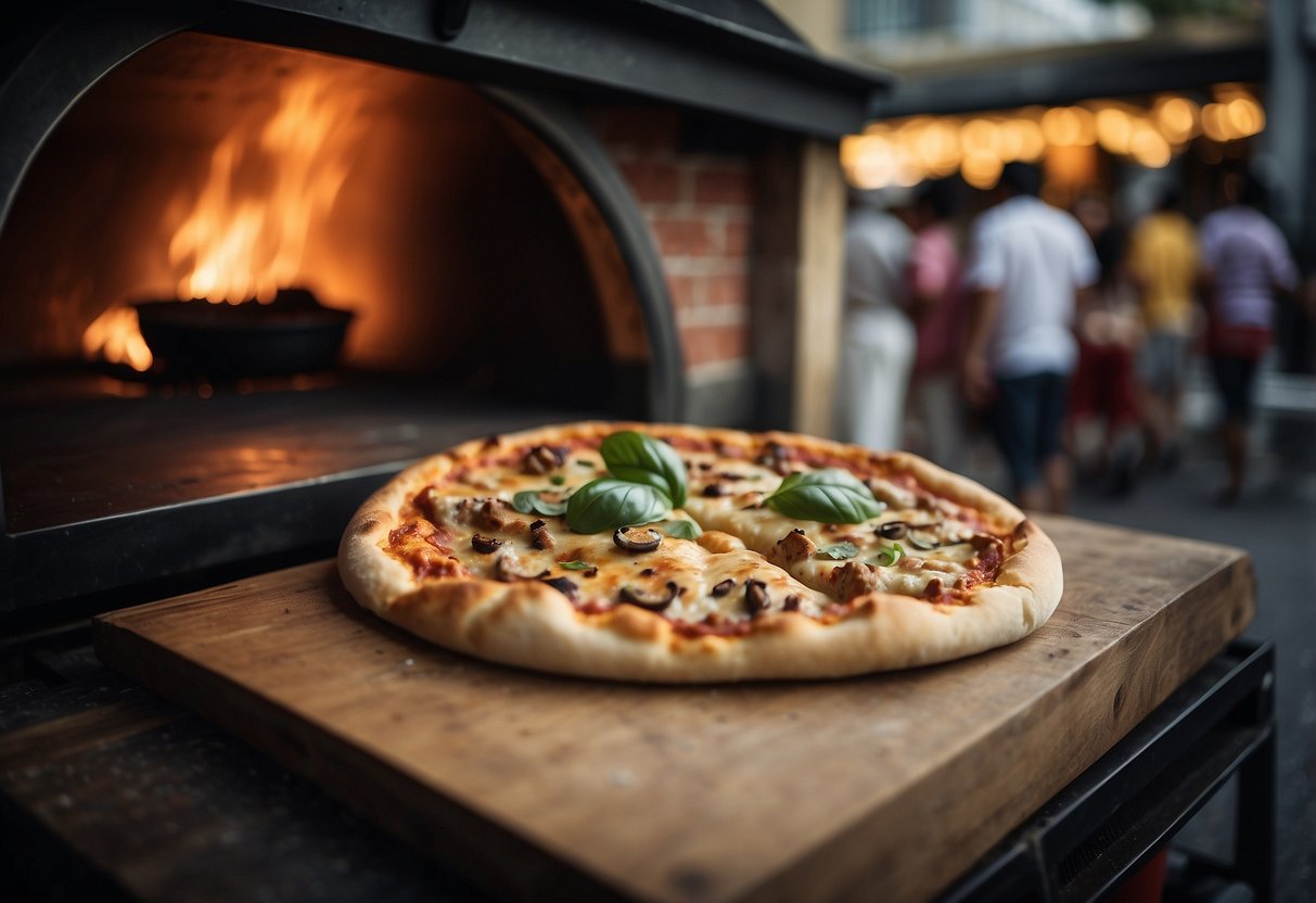 A rustic wood-fired oven bakes sourdough pizza, surrounded by fresh ingredients and a bustling Singaporean street scene