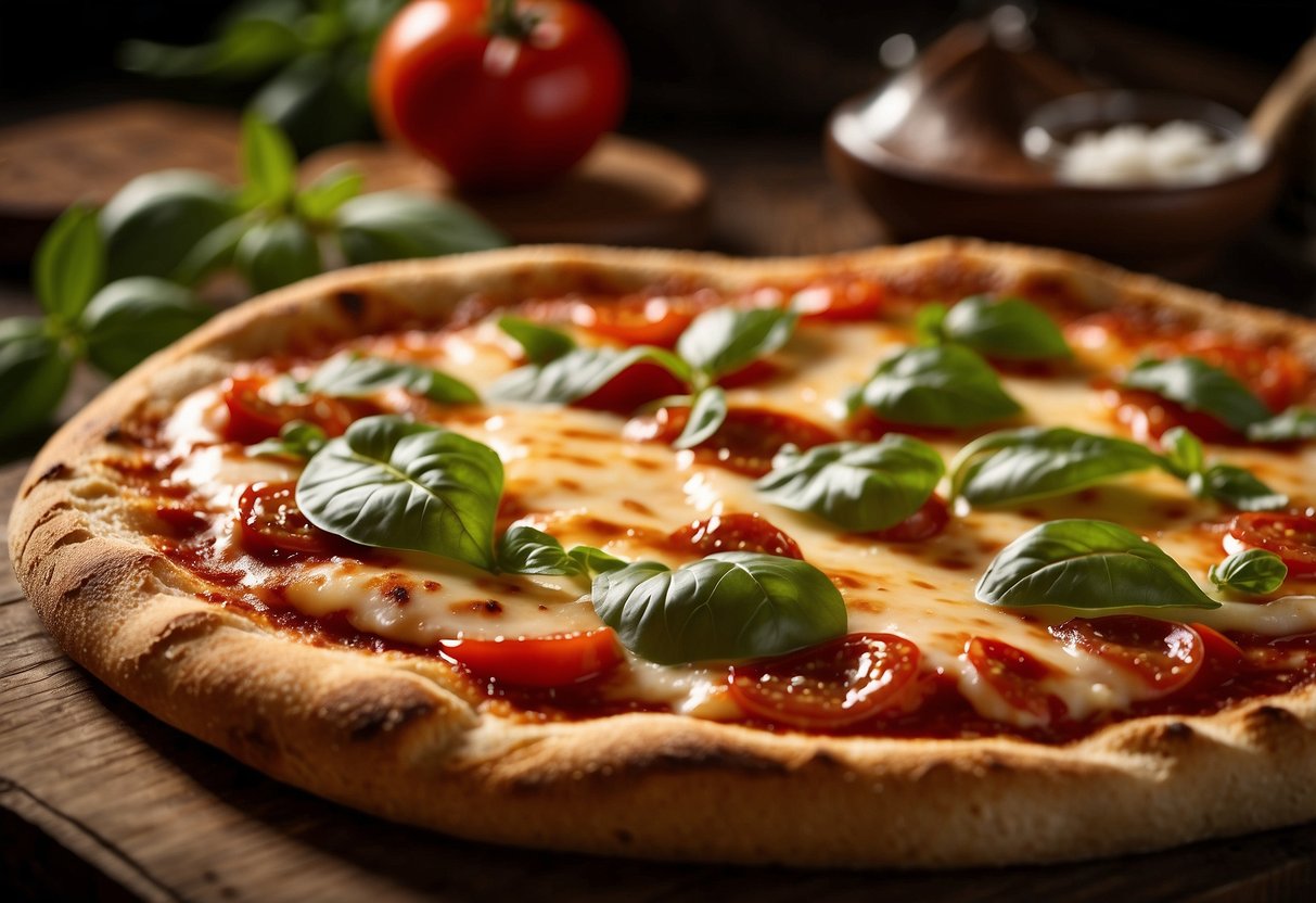 A rustic wooden table holds a round sourdough pizza, topped with vibrant red tomato sauce, gooey melted cheese, and fresh basil leaves, with a golden brown crust