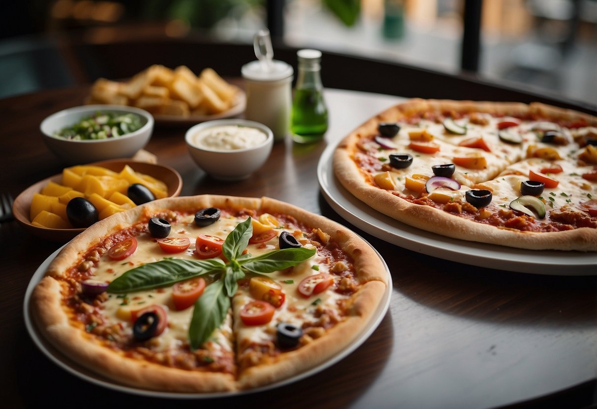 A table with a freshly baked sourdough pizza surrounded by various toppings and condiments, with a sign that reads "Frequently Asked Questions sourdough pizza Singapore" in a bustling restaurant setting