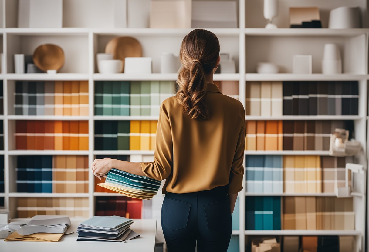 A person choosing color scheme for home office decor, surrounded by paint swatches, fabric samples, and design inspiration