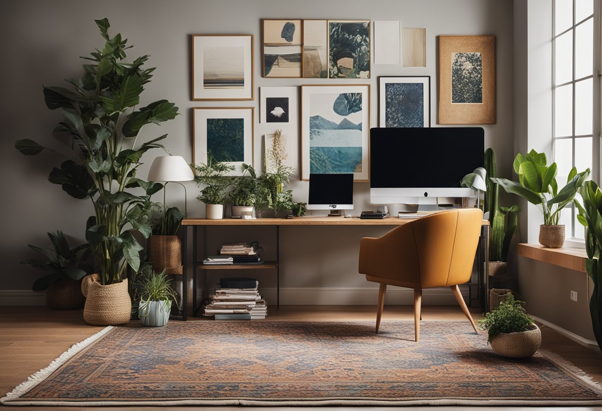 A cozy home office with eclectic decor: vintage rugs, colorful artwork, and plants. A mix of modern and traditional furniture creates a personalized and unique space