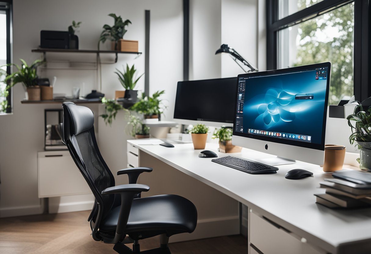 A modern home office with sleek, adjustable desks and chairs, personalized with vibrant decor and functional accessories