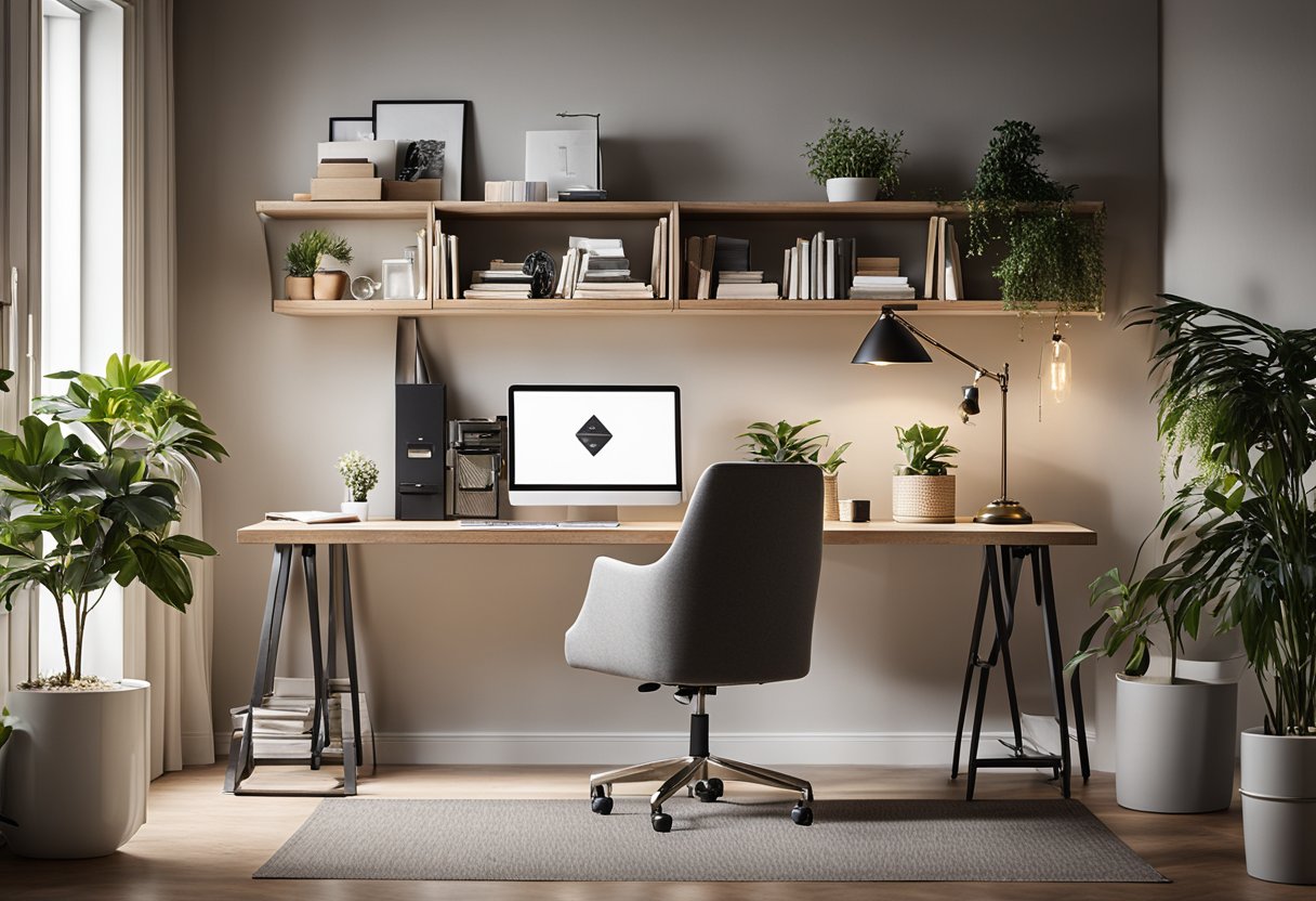 A well-lit home office with personalized decor, featuring a mix of natural and artificial light sources to create a bright and inviting workspace