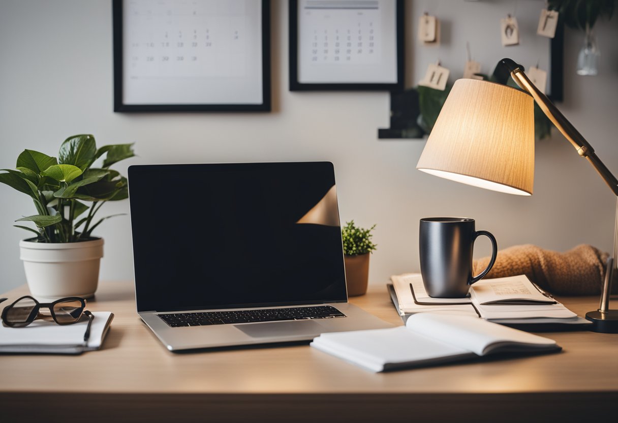 A tidy desk with labeled folders, a calendar, and a personalized mug. A cozy chair with a throw pillow and a stylish lamp. Plants and artwork add a touch of personality to the space