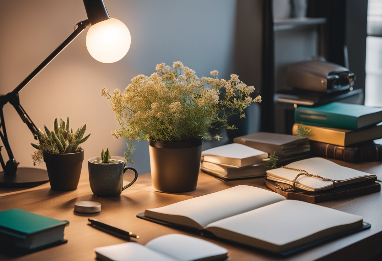 A cozy home office with a stylish desk adorned with decorative accessories like a potted plant, a vintage lamp, and a collection of colorful notebooks and pens