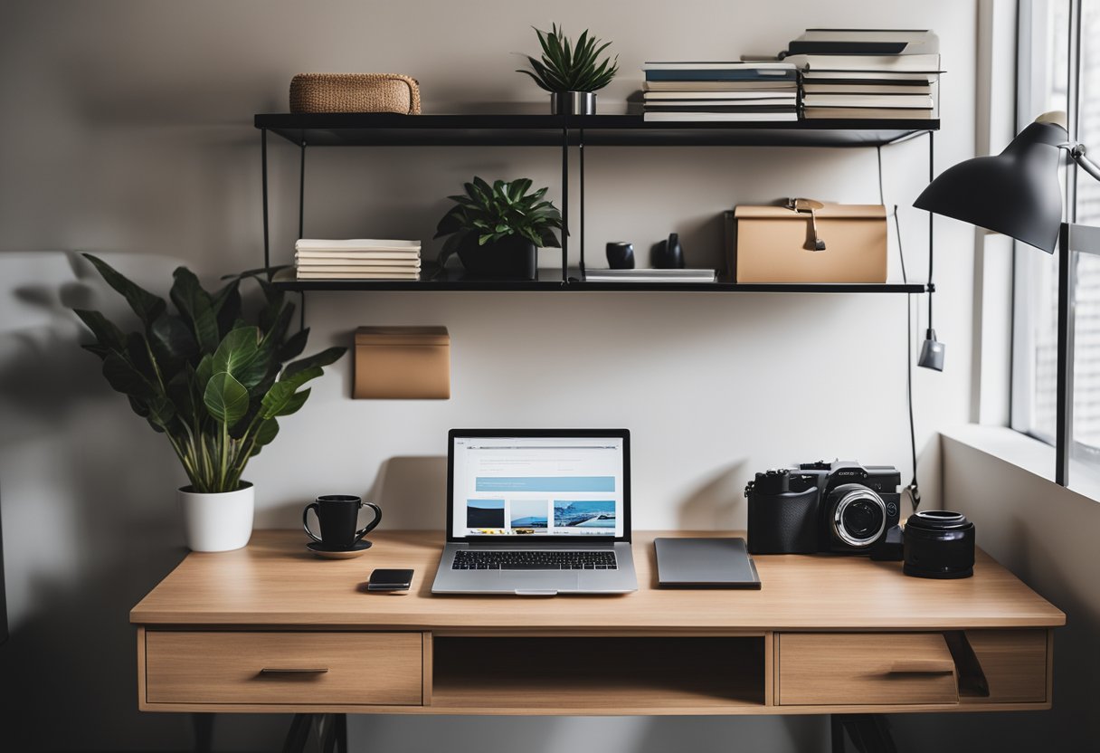 A sleek desk organizer holds pens, notebooks, and a laptop. Floating shelves display decorative items and books. A wall grid holds photos and notes