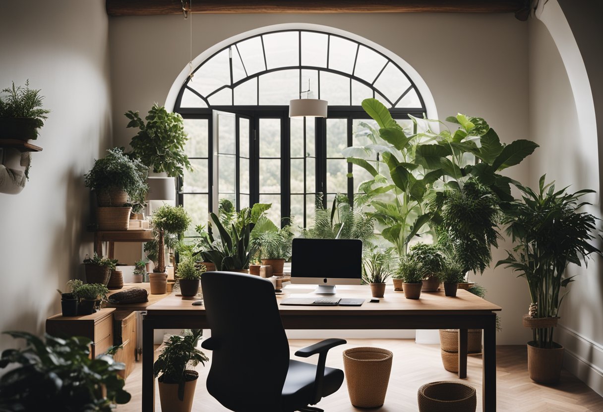 A home office with a variety of potted plants, natural wood furniture, and large windows bringing in natural light