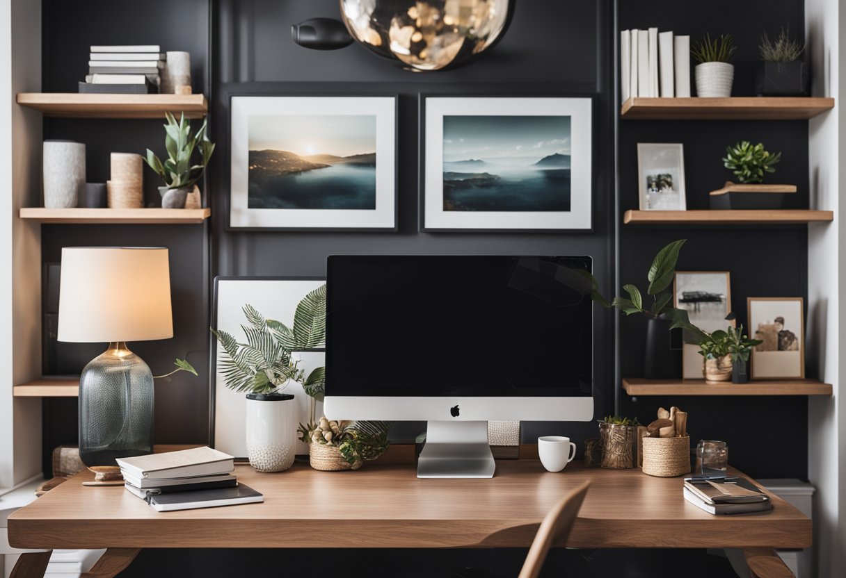 A cozy home office with a stylish desk, shelves adorned with artwork, and decorative wall decor, creating a personalized and inviting workspace