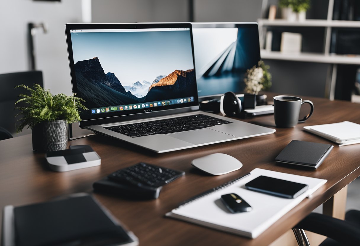 A sleek desk adorned with modern tech gadgets and stylish accessories, creating a personalized and functional home office space