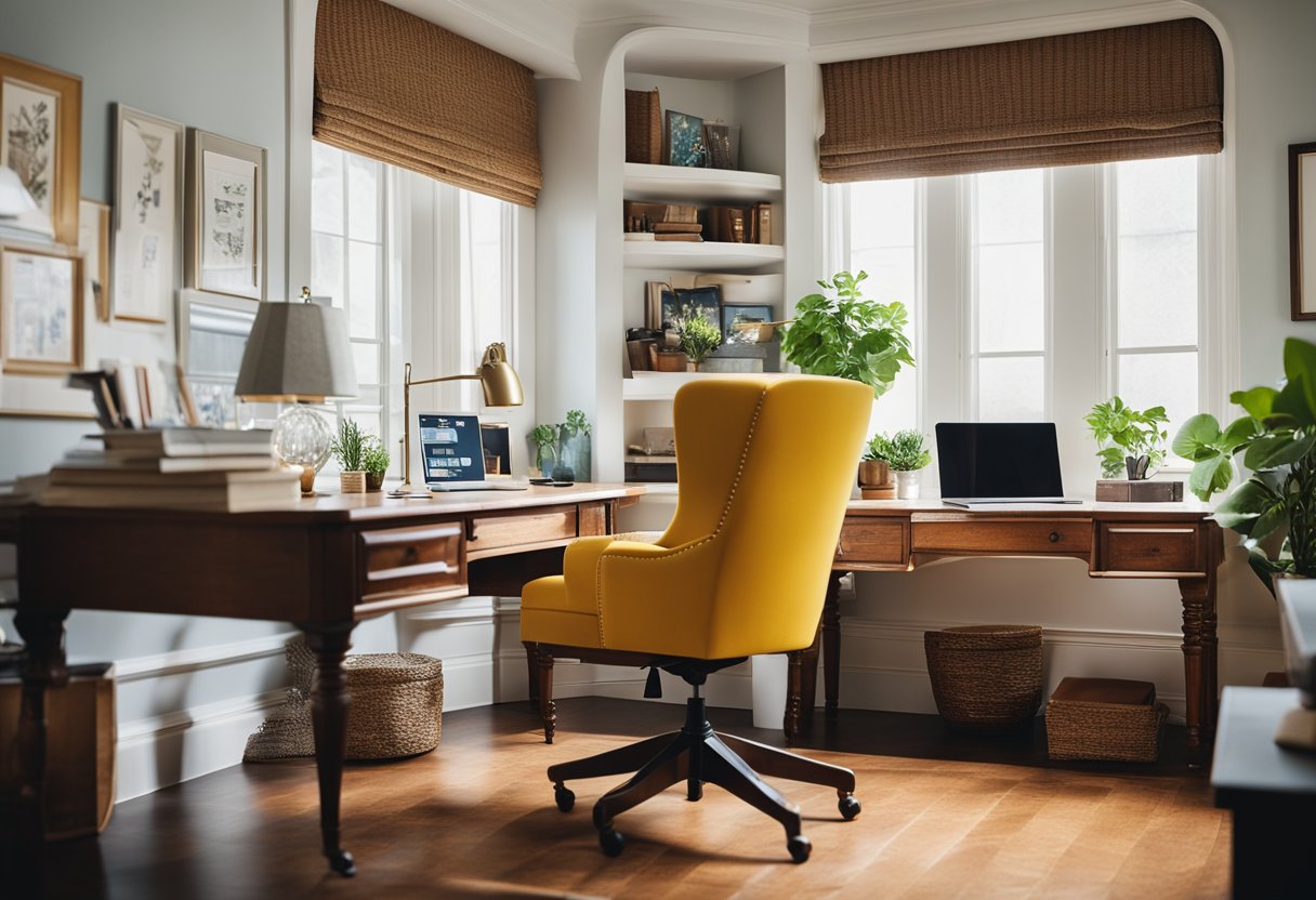 A cozy home office with bright colors, inspirational quotes, and personal mementos. A comfortable chair and organized desk complete the motivational environment