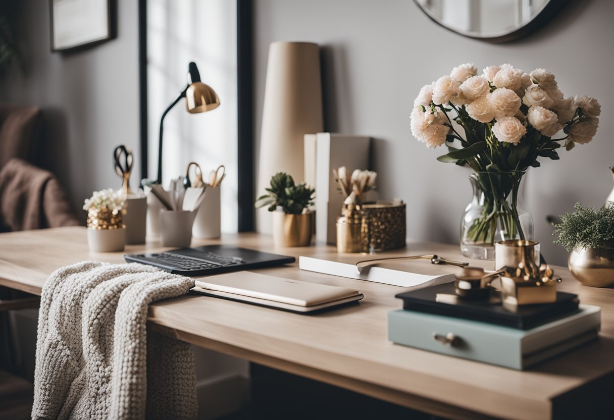 A home office desk adorned with seasonal decor, such as a cozy throw blanket, a vase of fresh flowers, and a decorative desk organizer. The space is personalized with unique and stylish decor ideas