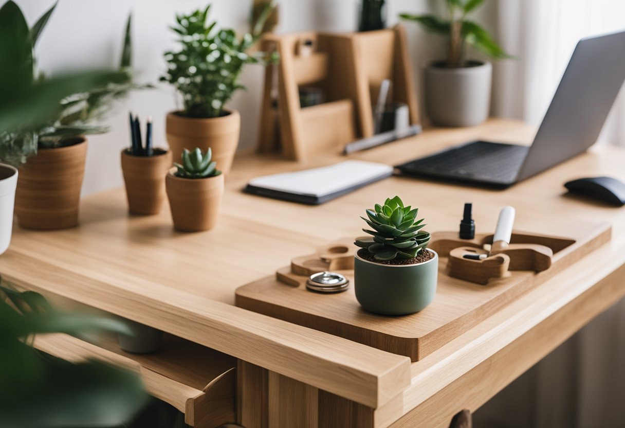 A desk with recycled wood, a shelf with potted plants, and a corkboard with eco-friendly stationery. A reusable water bottle and a bamboo pen holder complete the sustainable home office decor