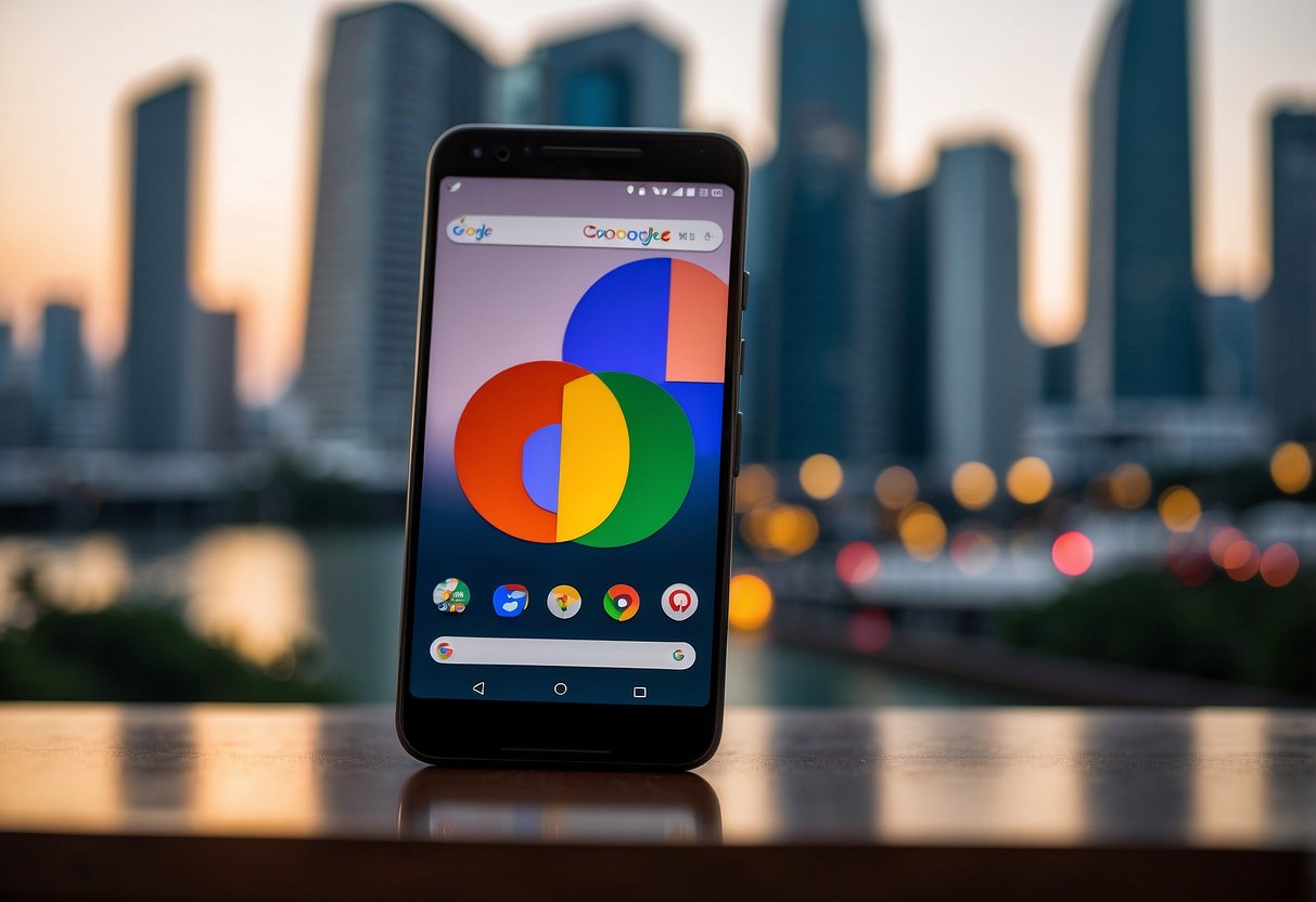 A Google Pixel 5 phone sits on a sleek, modern table in a bustling Singapore cityscape. The iconic skyline and vibrant street life provide a dynamic backdrop