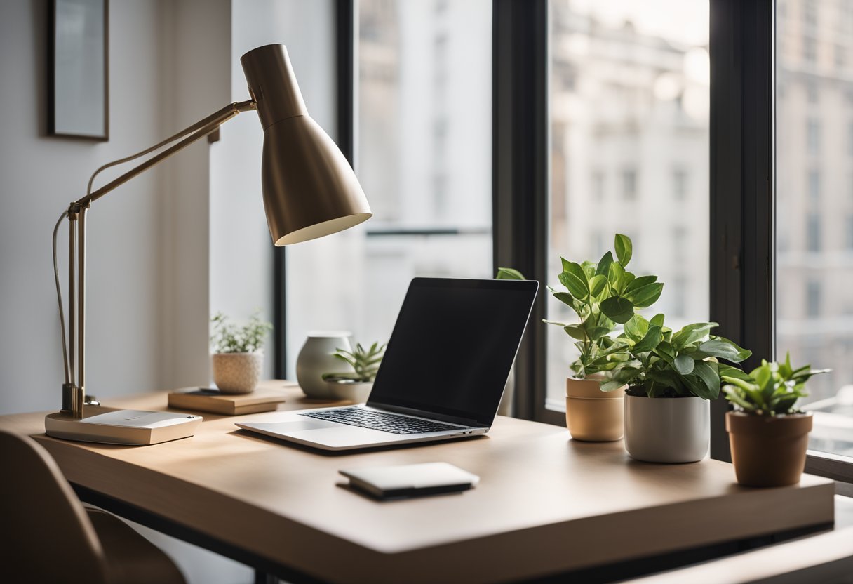 A clutter-free desk with a sleek laptop, a single potted plant, and a modern desk lamp. Clean lines, neutral colors, and natural light streaming in from a large window