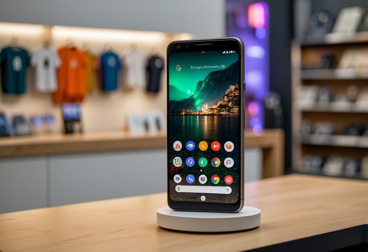 The Google Pixel 5 is positioned on a sleek display stand in a bustling electronics store in Singapore. The vibrant screen and modern design of the phone catch the eye of passing shoppers