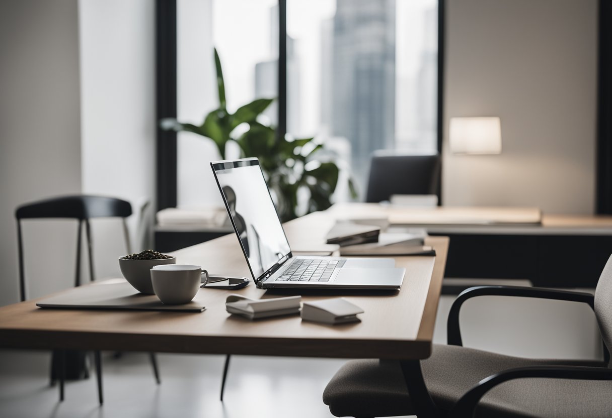 A sleek desk with a single chair, a laptop, and a few minimalist decor items. Clean lines, neutral colors, and plenty of natural light