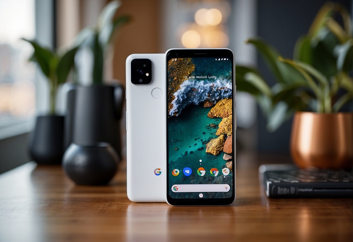 The Google Pixel 5 sits on a sleek, modern table. Its screen displays vibrant colors and crisp details, while the camera module gleams in the light