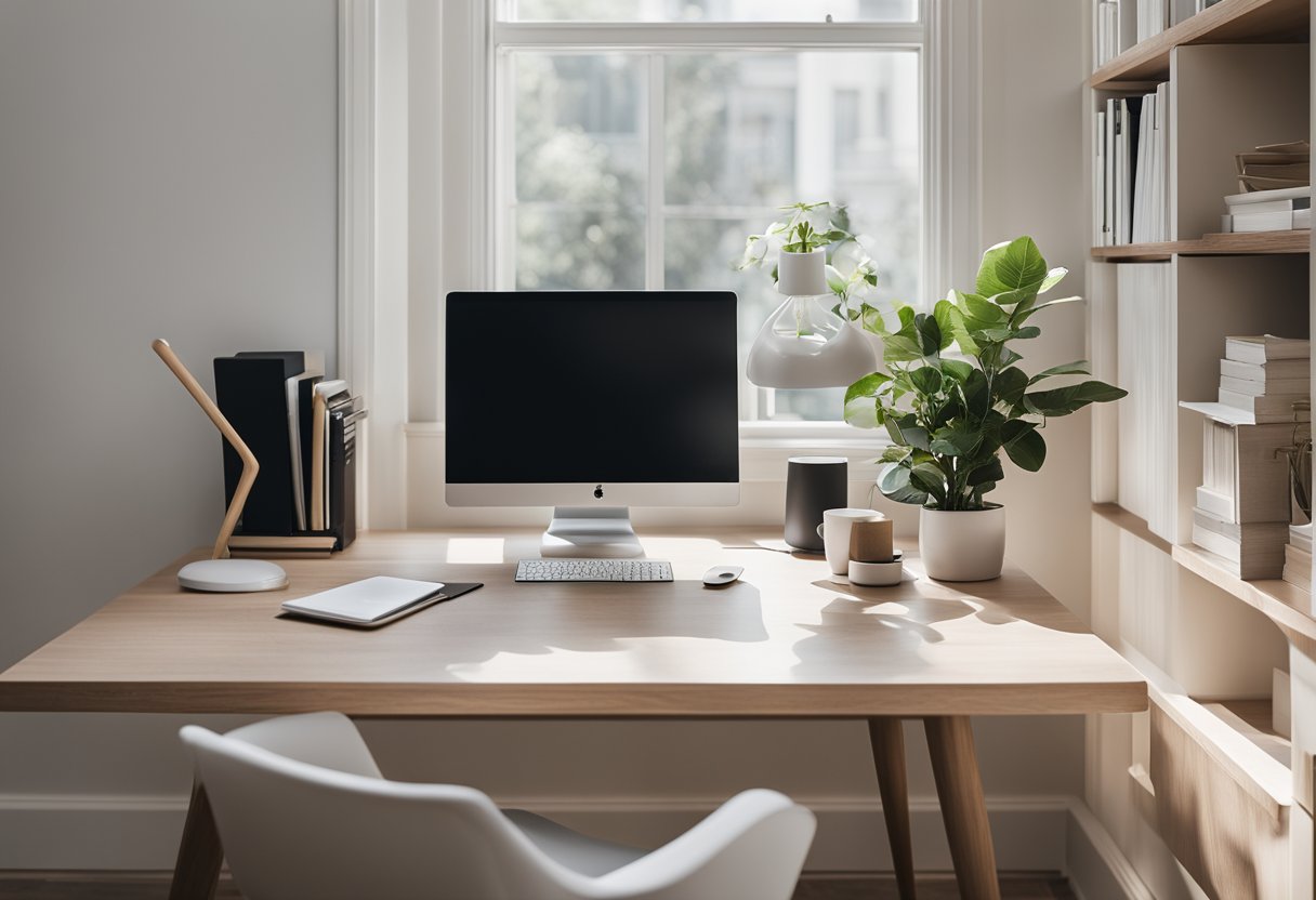 A minimalist home office with neutral color scheme, natural lighting, and clean lines. A simple desk with a few essential items, uncluttered space