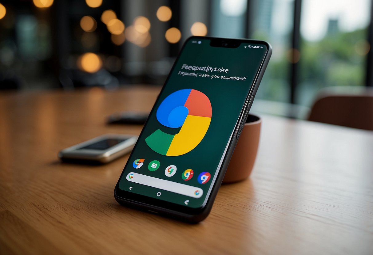 A Google Pixel 5 phone with "Frequently Asked Questions" displayed on the screen, set against a Singaporean backdrop