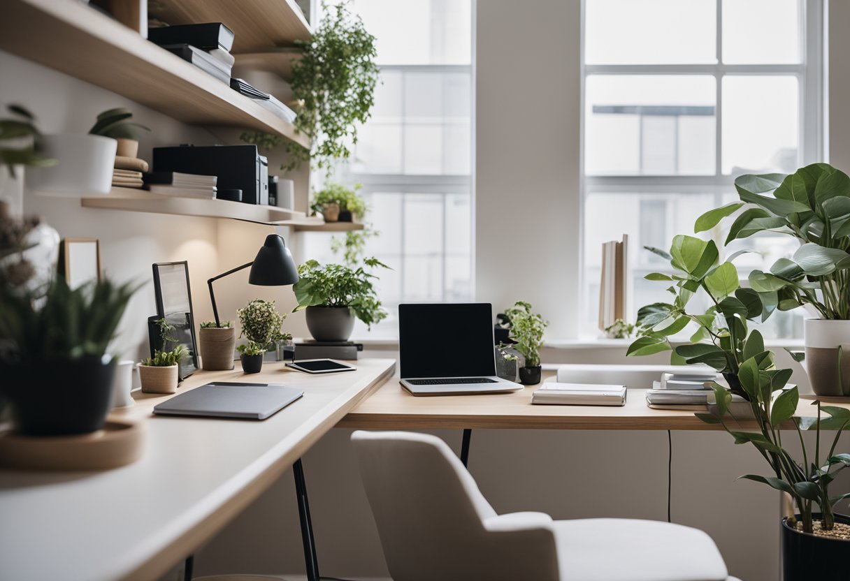 A clutter-free home office with sleek furniture, neutral colors, and minimal decor. A single potted plant sits on a clean desk, surrounded by organized shelves and a simple, uncluttered workspace