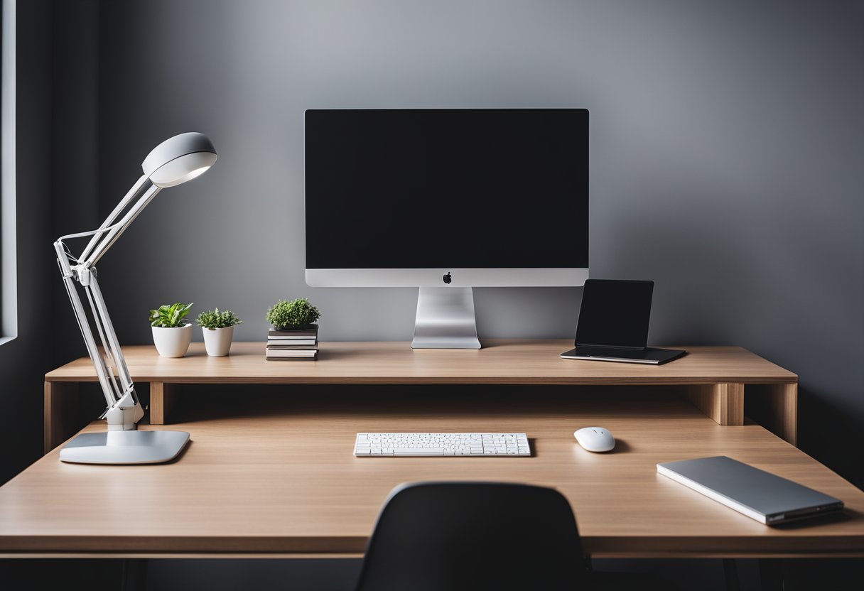 A sleek desk with a laptop, a wireless keyboard, and a mouse. A single monitor mounted on the wall. A minimalist desk lamp. Clean, uncluttered space