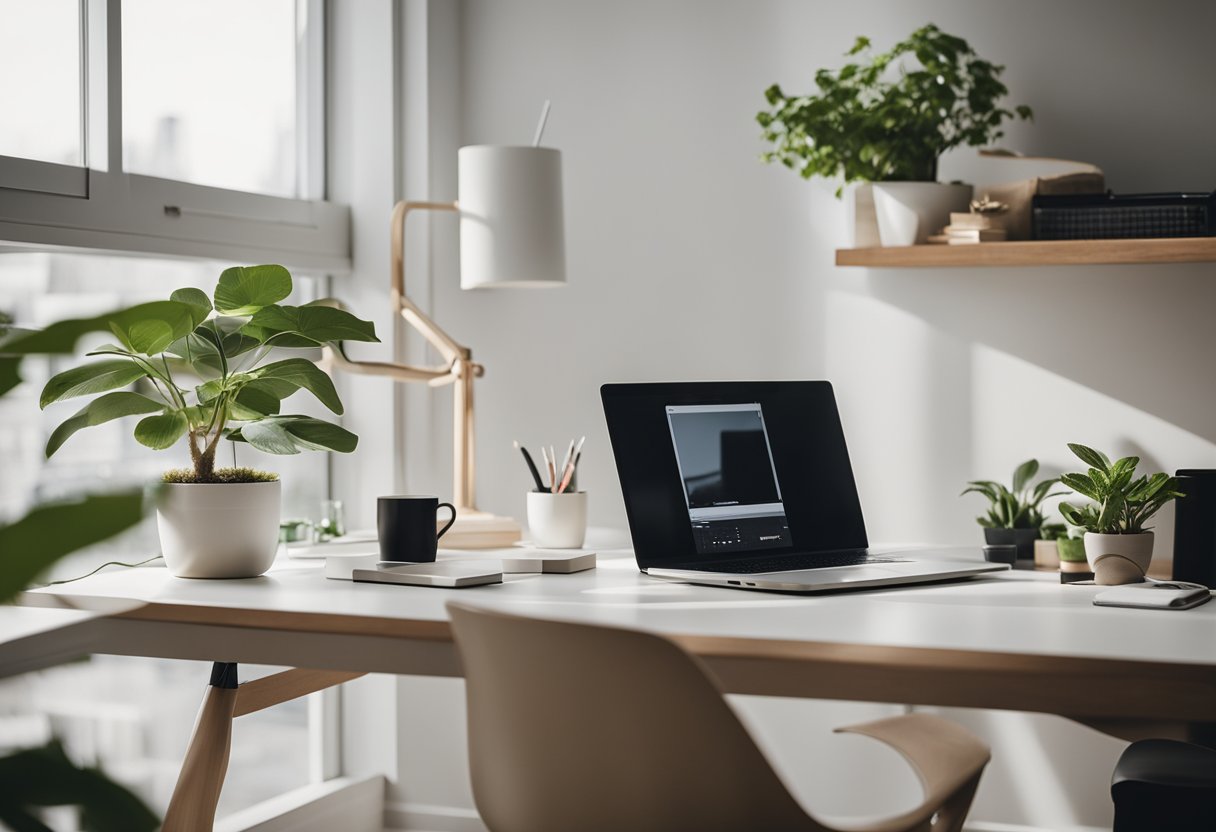 A clean, uncluttered home office with sleek furniture, neutral colors, and natural light pouring in through large windows. A simple desk, a few essential items, and a plant create a serene, minimalist workspace