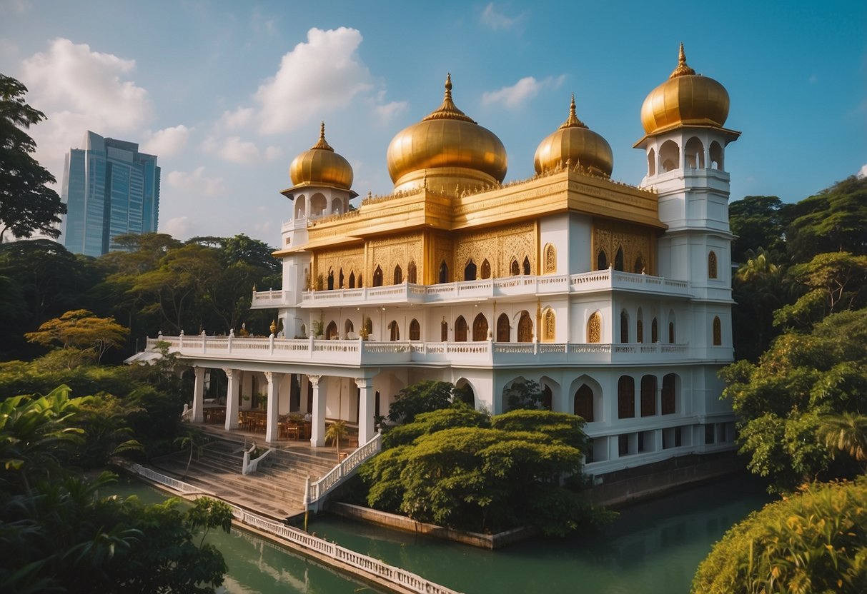 The gurudwara in Singapore stands tall, with its vibrant colors and intricate architectural details, surrounded by lush greenery and a serene atmosphere