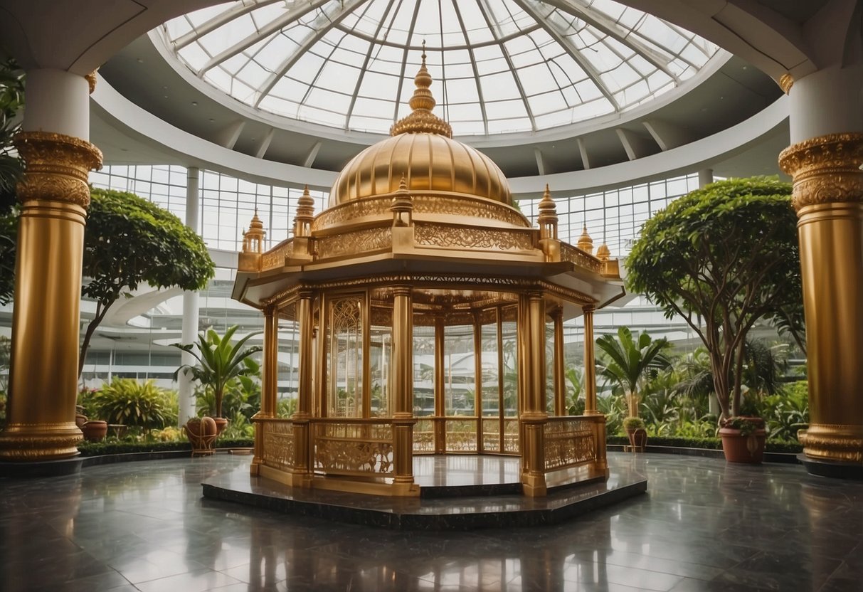The gurudwara in Singapore features a grand entrance, domed roof, and intricate carvings. The building is surrounded by lush gardens and a peaceful atmosphere