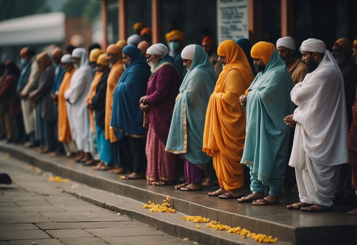 People lining up outside the gurudwara, removing their shoes, and covering their heads before entering the sacred place