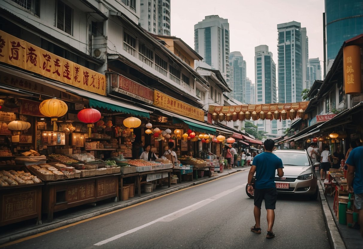 A bustling street in Singapore, with colorful shophouses, vibrant signs, and bustling activity. The air is filled with the scent of exotic spices and the sound of chatter in multiple languages