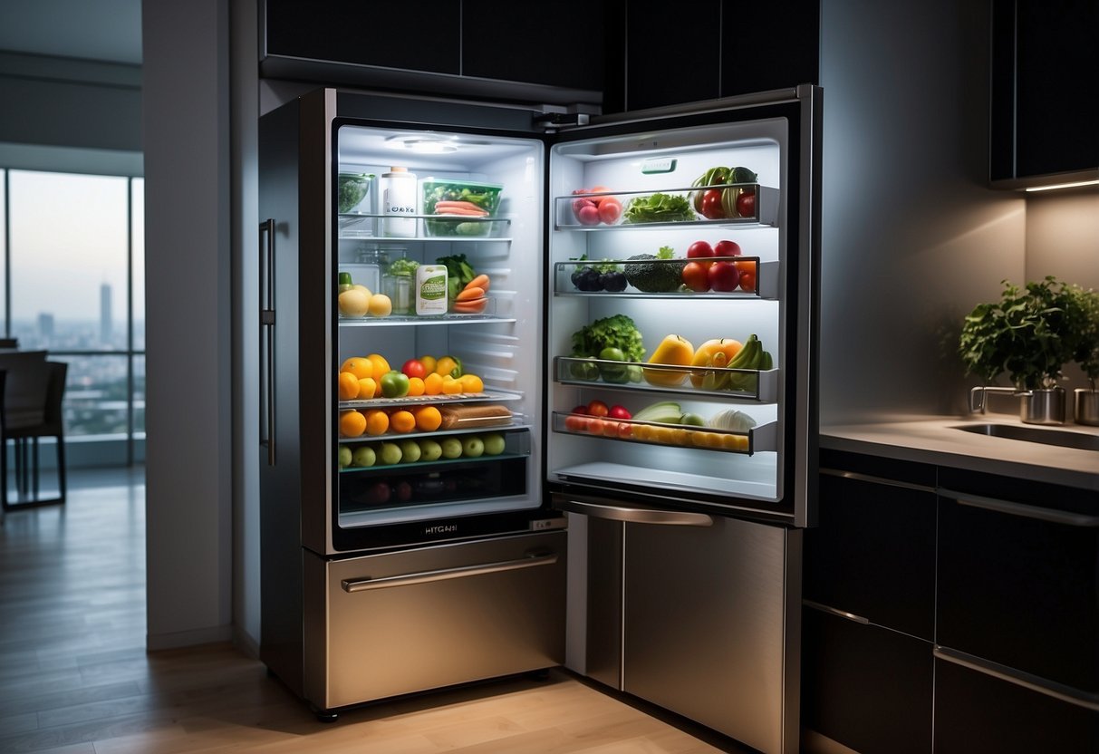 A sleek Hitachi fridge stands in a modern Singaporean kitchen, filled with colorful fruits and vegetables. The stainless steel finish reflects the ambient light, creating a sense of clean and contemporary living