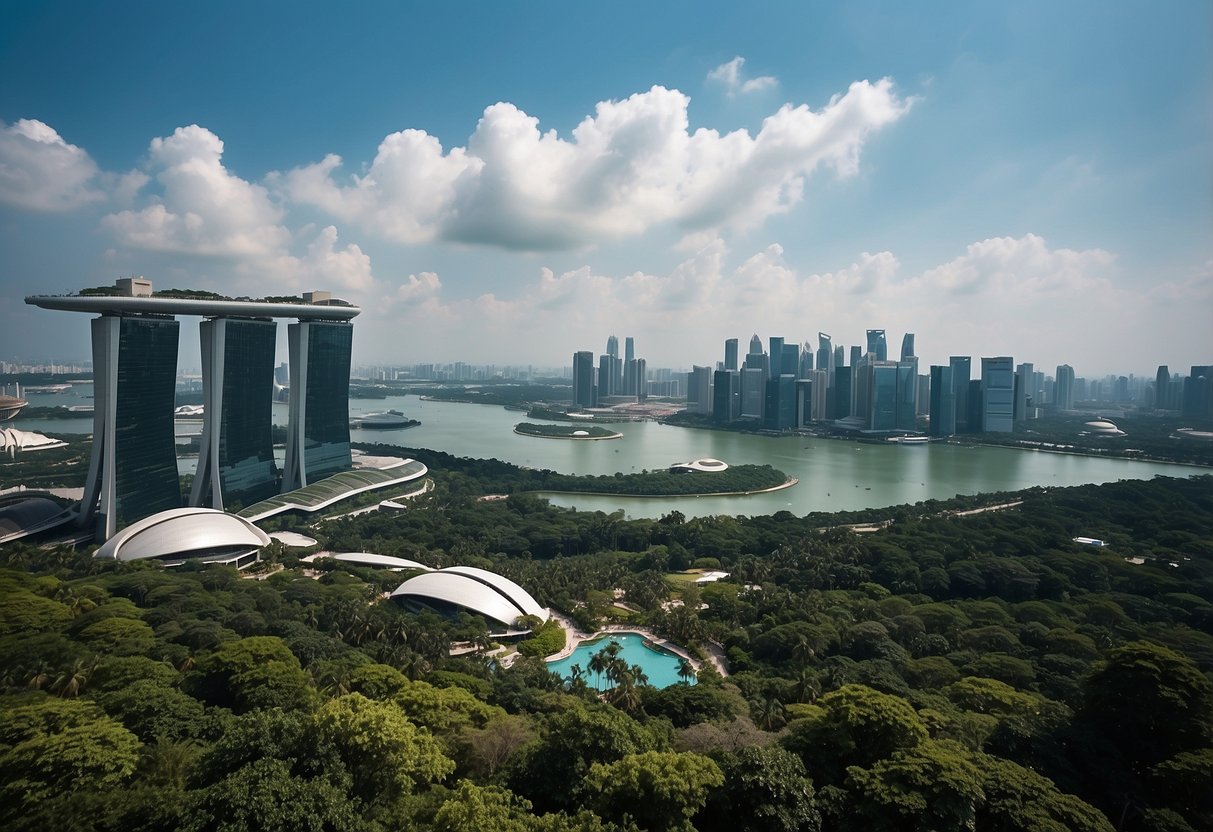 A bustling cityscape with iconic landmarks like the Marina Bay Sands, Gardens by the Bay, and the Singapore Flyer against a backdrop of modern skyscrapers and lush greenery